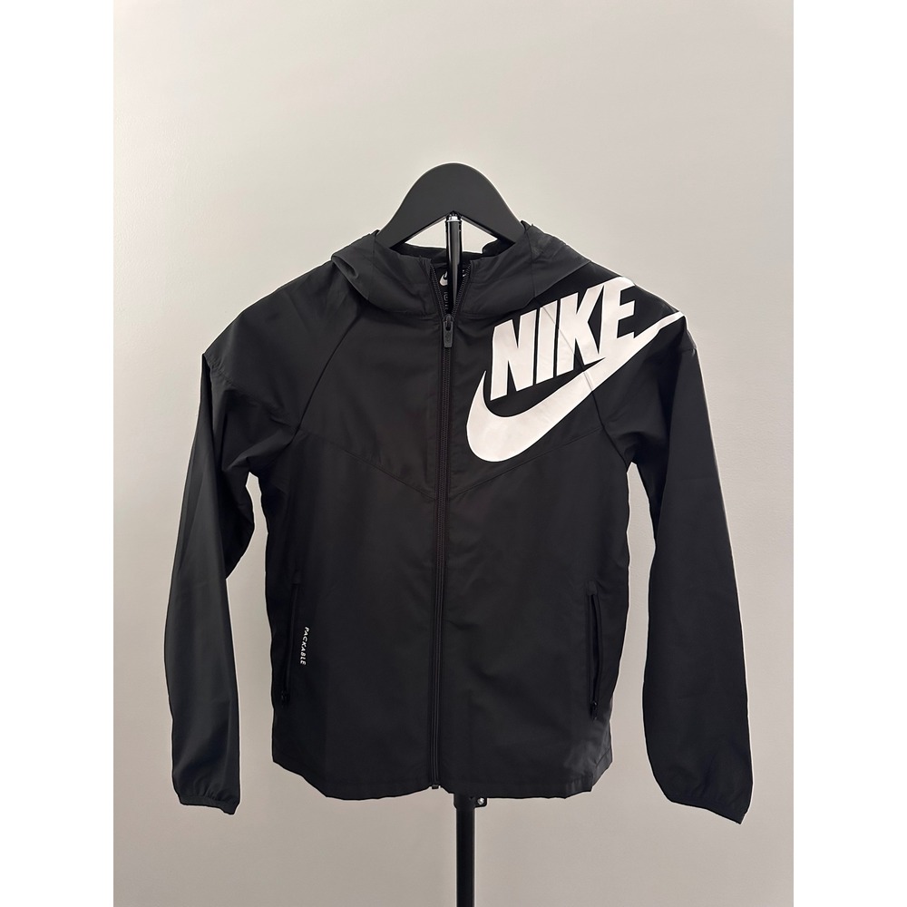 Nike Kids Sportswear Windrunner Packable Jacket Black White Logo M Medium